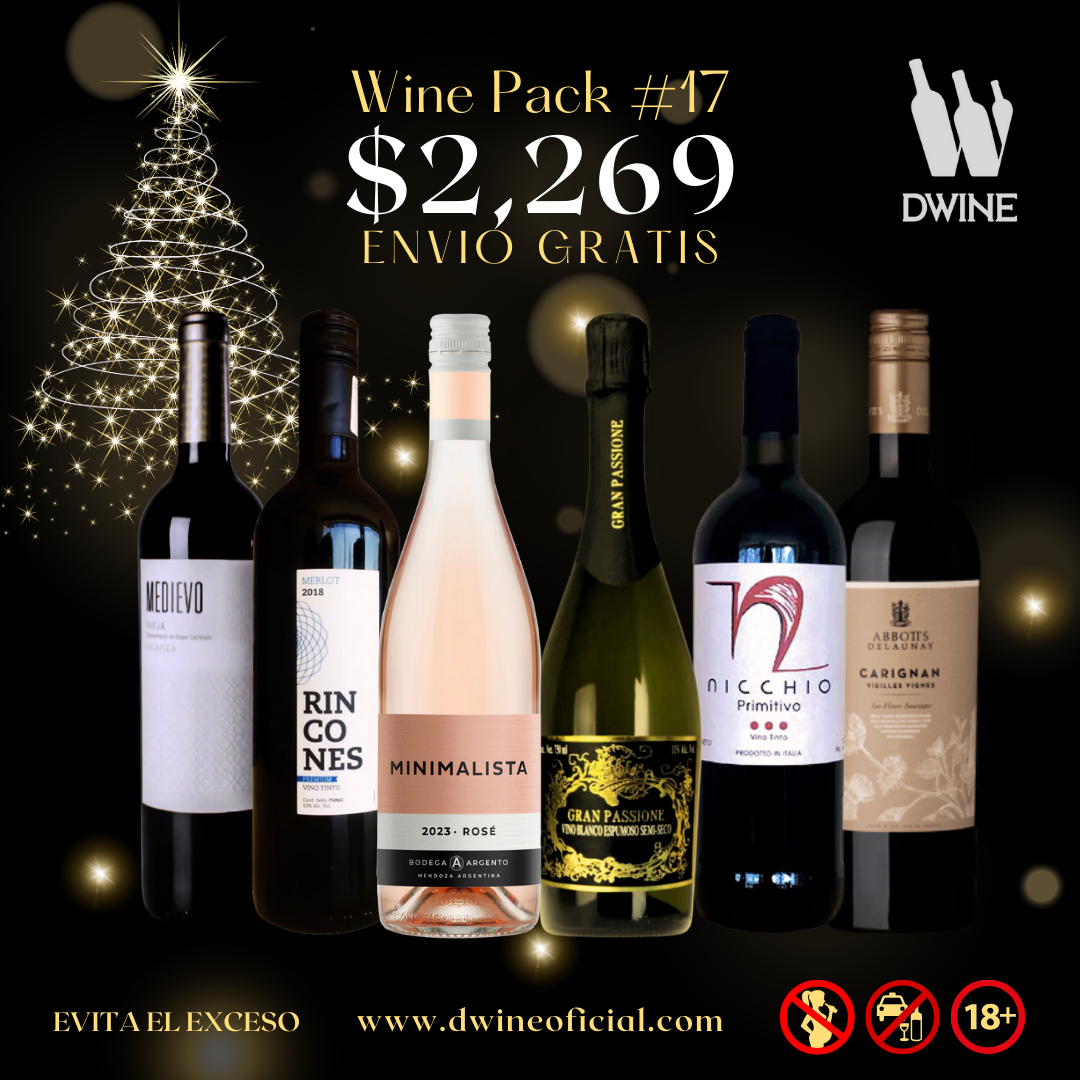 DWINE PACK#17: Medievo Crianza DOCa, Rincones Premium Merlot, Minimalista Rosé, Gran Passione Espumoso, Abbotts & Delaunay Carignan, Botter Nicchio Primitivo.