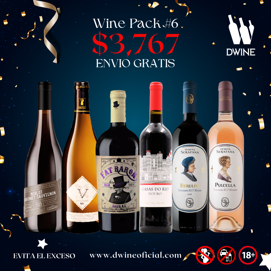 DWINE PACK#6: Alta Gama, 2 vinos portugueses, 2 vinos italianos y dos vinos franceses, por 3,767 pesos.